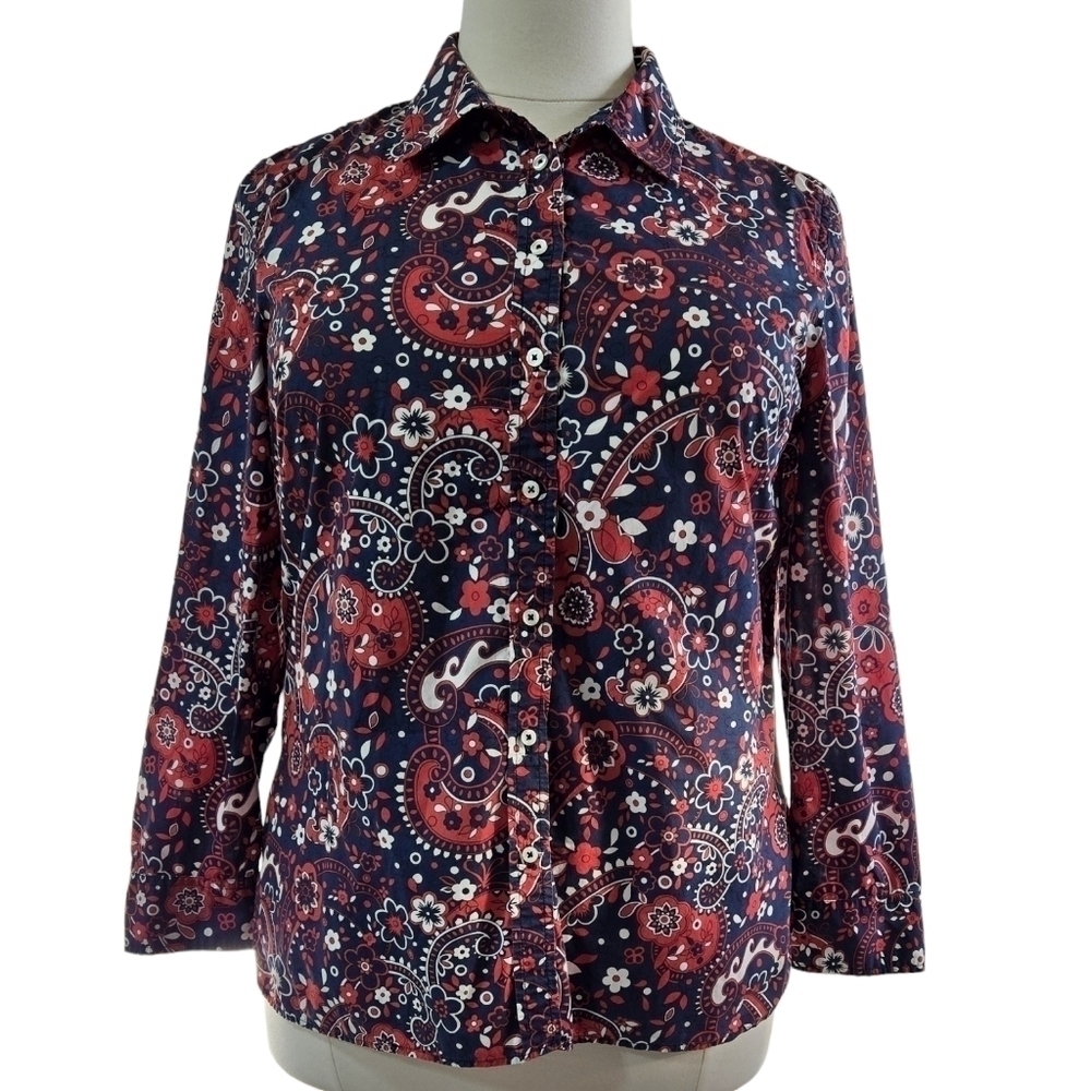 Talbots 100% Cotton Blue Red White Floral Paisley Button-Up Shirt Patriotic